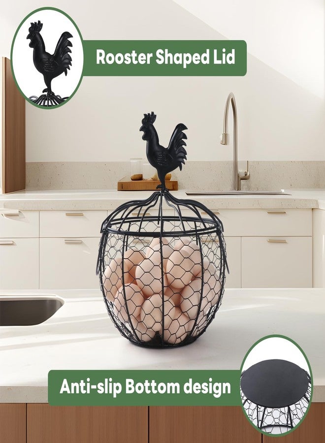 Vukehon Farmhouse Rooster Egg Basket for Fresh Eggs, Black Metal Wire Egg Holder, Holds 25-35 Eggs, Rustic Kitchen Countertop Decor with Removable Lid & Handles - Bonus Set of 4 Silicone Egg Poachers - Image 2
